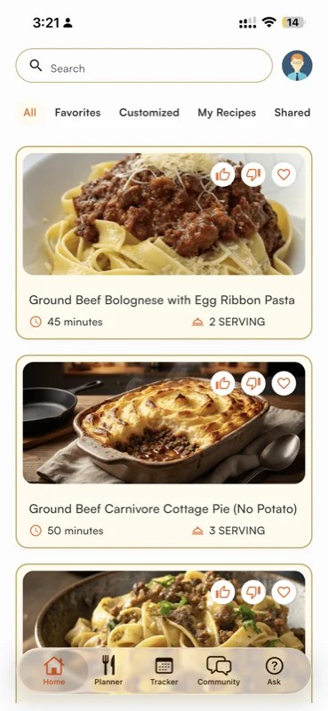 EatMeat App recipe library showing Ground Beef Bolognese, Carnivore Cottage Pie and other Carnivore & Ketovore recipes
